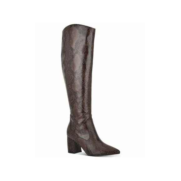 MARC FISHER Womens Brown Snake Print Retie Pointed Toe Block Heel Boots 7 M