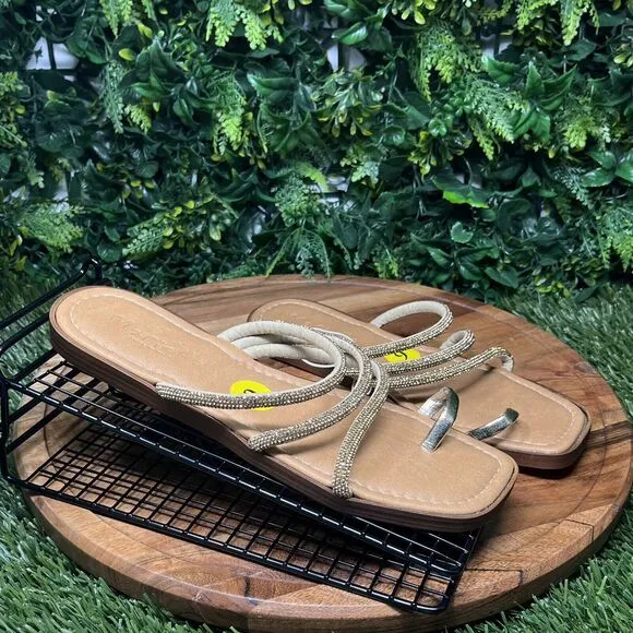 MARIELLA Sandals Womens 9 Gold Strappy Stoned Slip On Slides Made In Italy 2109