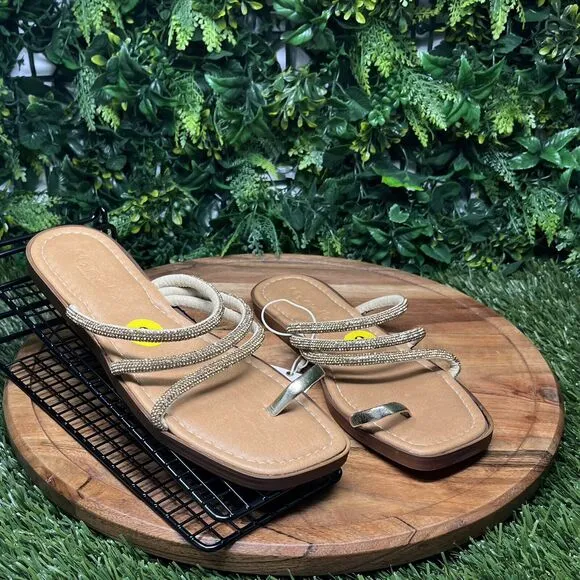 MARIELLA Sandals Womens 9 Gold Strappy Stoned Slip On Slides Made In Italy 2109