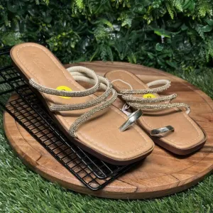 MARIELLA Sandals Womens 9 Gold Strappy Stoned Slip On Slides Made In Italy 2109