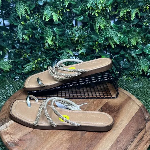 MARIELLA Sandals Womens 9 Gold Strappy Stoned Slip On Slides Made In Italy 2109