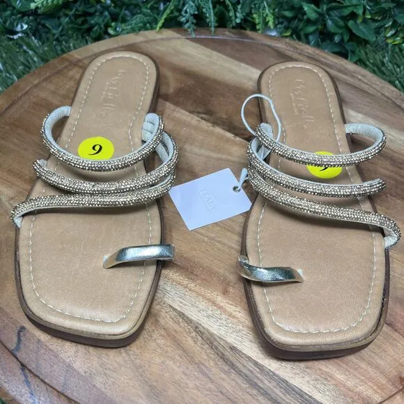 MARIELLA Sandals Womens 9 Gold Strappy Stoned Slip On Slides Made In Italy 2109