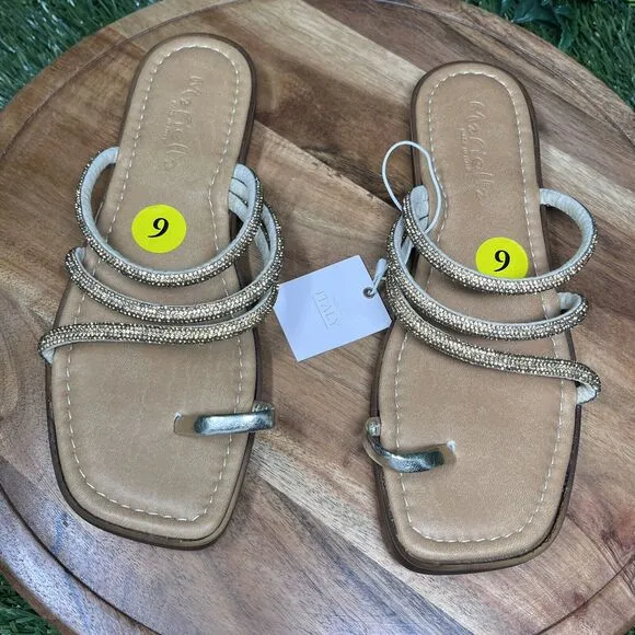 MARIELLA Sandals Womens 9 Gold Strappy Stoned Slip On Slides Made In Italy 2109
