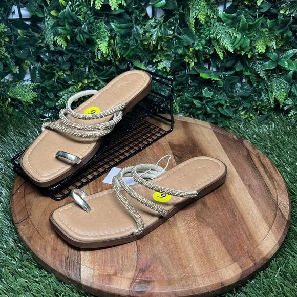 MARIELLA Sandals Womens 9 Gold Strappy Stoned Slip On Slides Made In Italy 2109