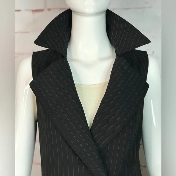 MAX STUDIO Pinstripe belted Twill Drape Vest Dress NWT Black &amp; Grey XS Runs big