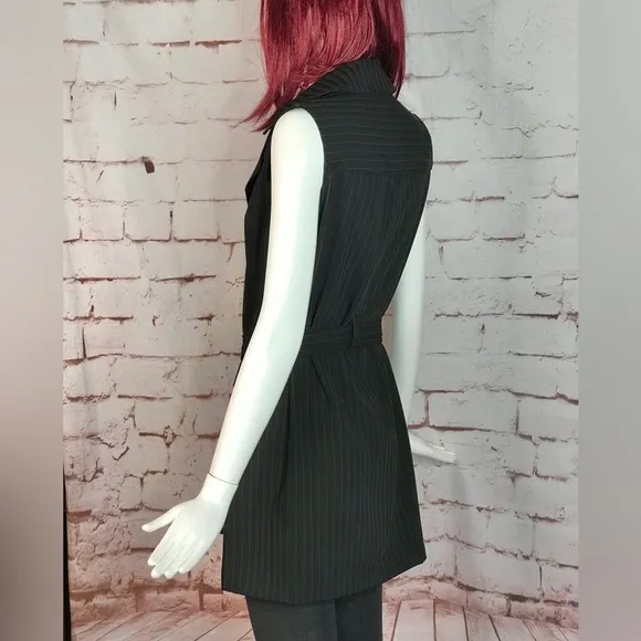 MAX STUDIO Pinstripe belted Twill Drape Vest Dress NWT Black &amp; Grey XS Runs big