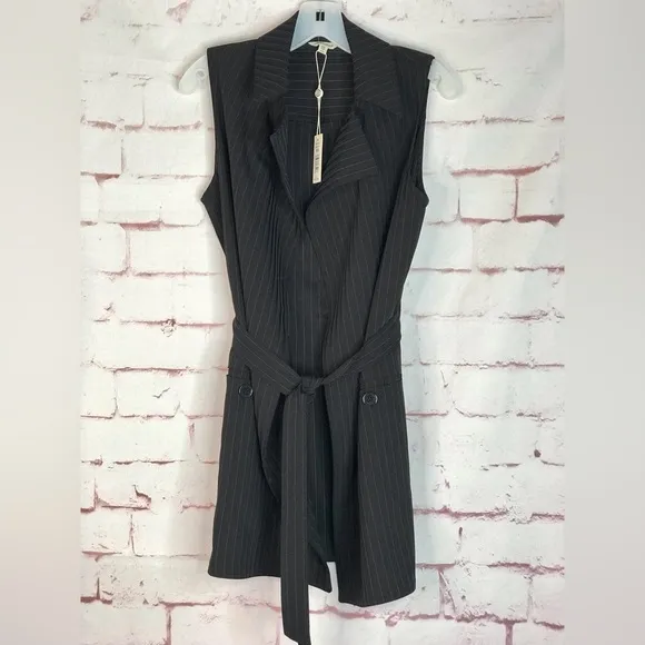 MAX STUDIO Pinstripe belted Twill Drape Vest Dress NWT Black &amp; Grey XS Runs big