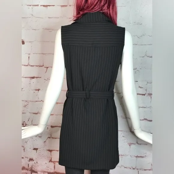 MAX STUDIO Pinstripe belted Twill Drape Vest Dress NWT Black &amp; Grey XS Runs big