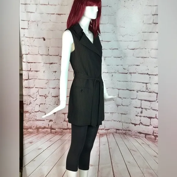 MAX STUDIO Pinstripe belted Twill Drape Vest Dress NWT Black &amp; Grey XS Runs big