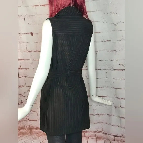 MAX STUDIO Pinstripe belted Twill Drape Vest Dress NWT Black &amp; Grey XS Runs big