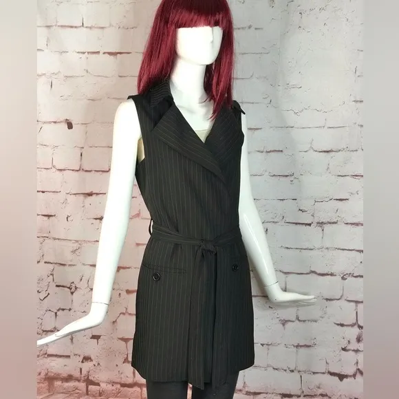 MAX STUDIO Pinstripe belted Twill Drape Vest Dress NWT Black &amp; Grey XS Runs big