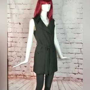 MAX STUDIO Pinstripe belted Twill Drape Vest Dress NWT Black &amp; Grey XS Runs big