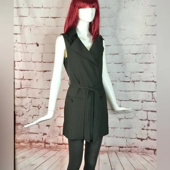 MAX STUDIO Pinstripe belted Twill Drape Vest Dress NWT Black &amp; Grey XS Runs big