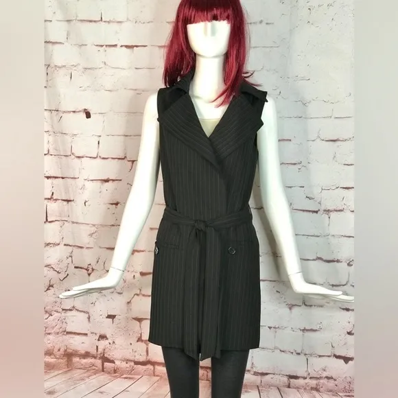 MAX STUDIO Pinstripe belted Twill Drape Vest Dress NWT Black &amp; Grey XS Runs big