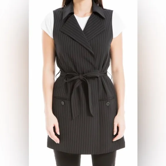 MAX STUDIO Pinstripe belted Twill Drape Vest Dress NWT Black &amp; Grey XS Runs big