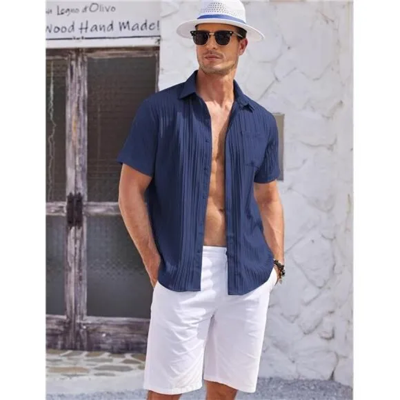 Mens Shirts Short Sleeve Button Down Dark Blue
