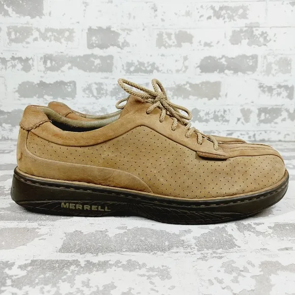 Merrell World Myth Taupe Leather Lace Up Square Toe Perforated Men's Shoes K772