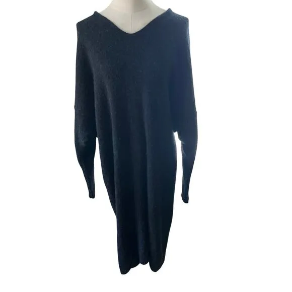 Mes Demoiselles Paris Black Fuzzy Knit Sweater Dress Size 3 V-Neck Midi Oversize