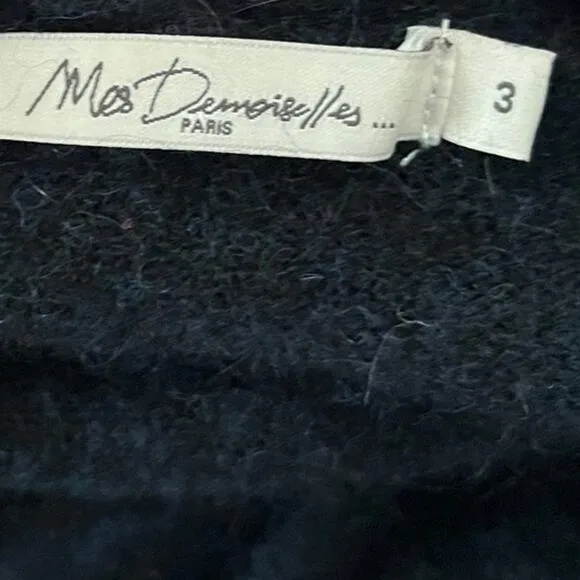 Mes Demoiselles Paris Black Fuzzy Knit Sweater Dress Size 3 V-Neck Midi Oversize