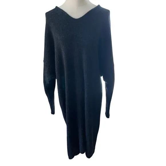 Mes Demoiselles Paris Black Fuzzy Knit Sweater Dress Size 3 V-Neck Midi Oversize