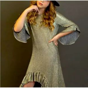 Mia Joy Joyfolie gold metallic dress hi-low ruffle side hem girls 10 bell sleeve