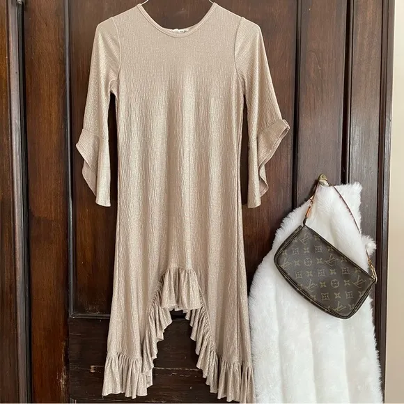 Mia Joy Joyfolie gold metallic dress hi-low ruffle side hem girls 10 bell sleeve