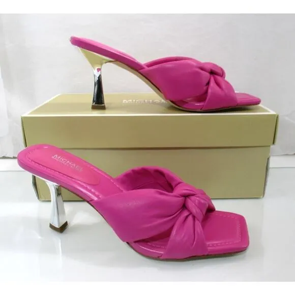 Michael Kors Elena Heeled Slide Sandal Knotted Strap Leather Pink