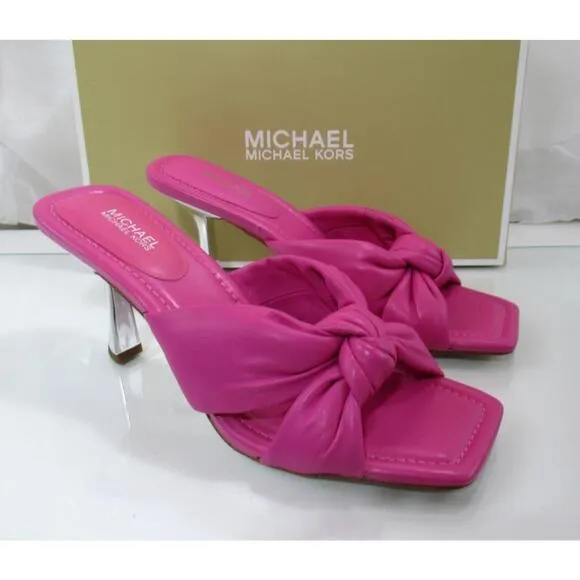 Michael Kors Elena Heeled Slide Sandal Knotted Strap Leather Pink