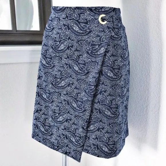 Michael Kors Faux Wrap Paisley Mini Skirt in True Navy, New with Tag