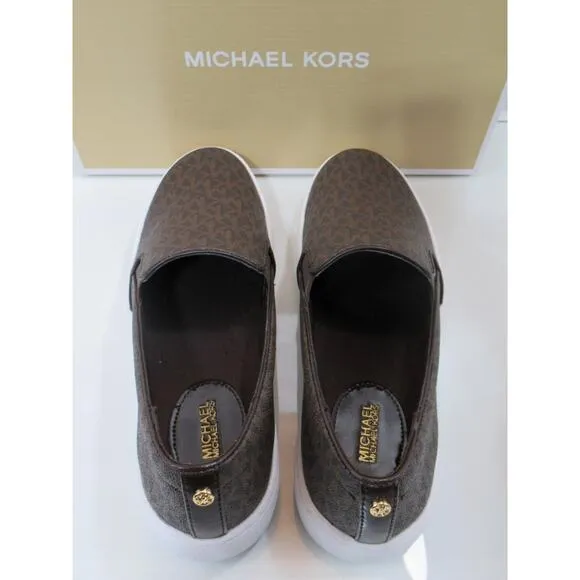 Michael Kors Keaton Slip On Sneakers MK Signature Brown Size 9.5
