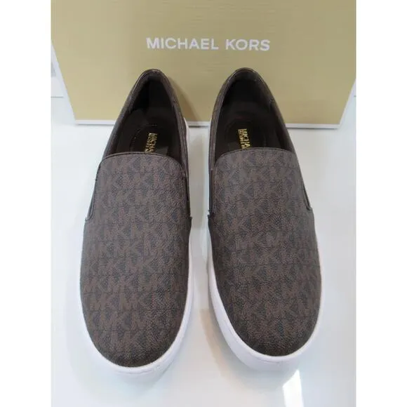 Michael Kors Keaton Slip On Sneakers MK Signature Brown Size 9.5