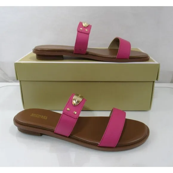 Michael Kors MK Plate Slide Flat Sandal MK Logo Embellished French Pink Size 7.5