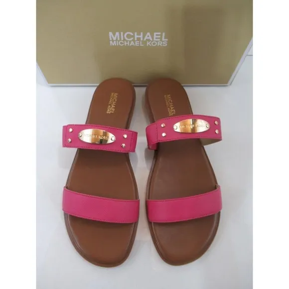 Michael Kors MK Plate Slide Flat Sandal MK Logo Embellished French Pink Size 7.5