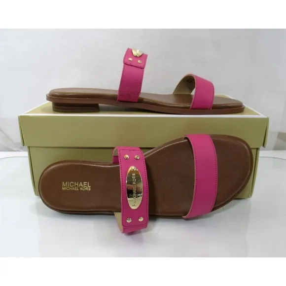 Michael Kors MK Plate Slide Flat Sandal MK Logo Embellished French Pink Size 7.5