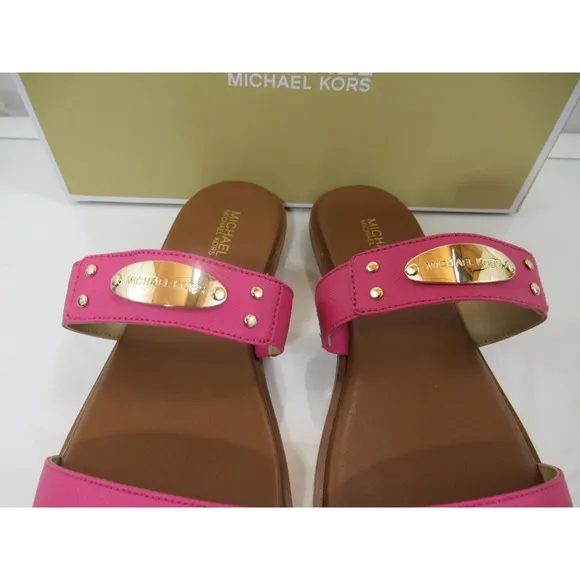 Michael Kors MK Plate Slide Flat Sandal MK Logo Embellished French Pink Size 7.5