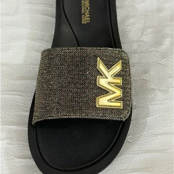 Michael Kors MK Slides Metallic Logo Velcro Adjustable Slip On Sandals Glitter
