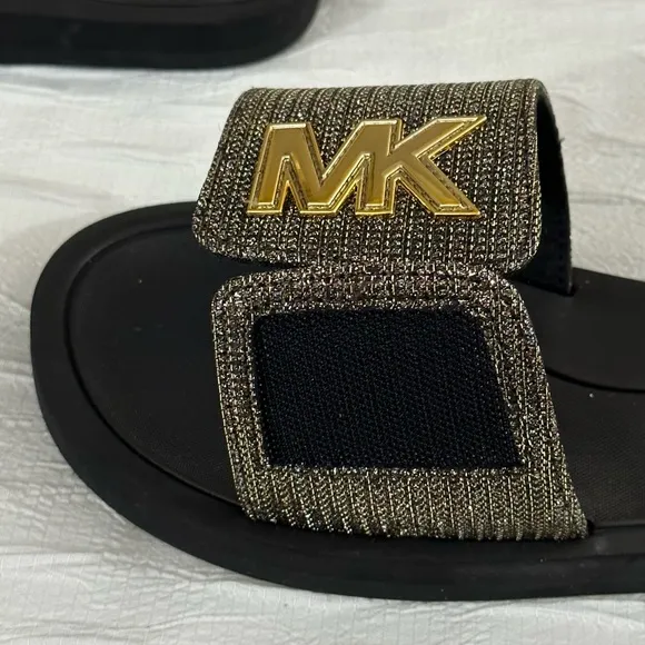Michael Kors MK Slides Metallic Logo Velcro Adjustable Slip On Sandals Glitter