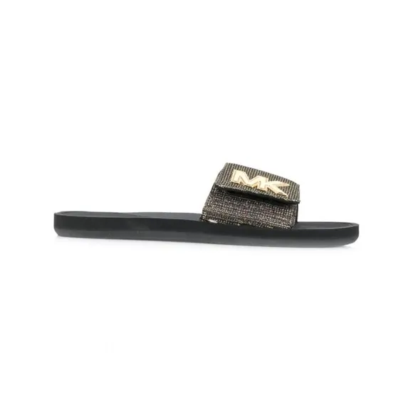 Michael Kors MK Slides Metallic Logo Velcro Adjustable Slip On Sandals Glitter