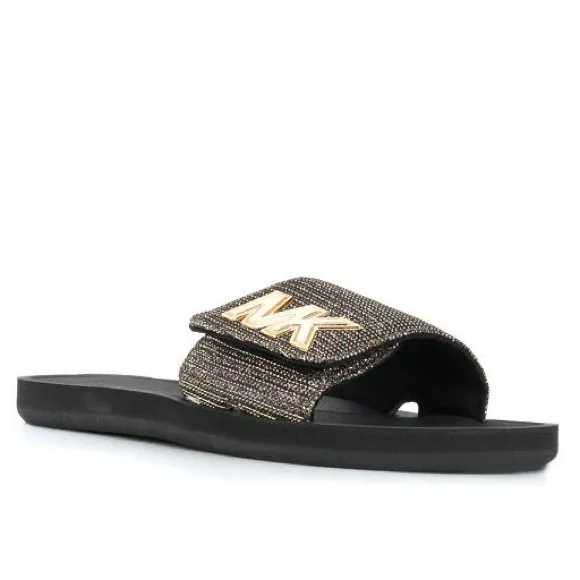Michael Kors MK Slides Metallic Logo Velcro Adjustable Slip On Sandals Glitter