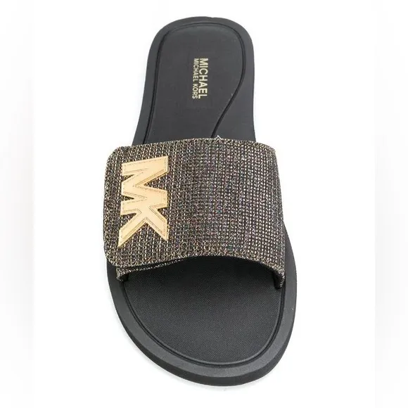 Michael Kors MK Slides Metallic Logo Velcro Adjustable Slip On Sandals Glitter