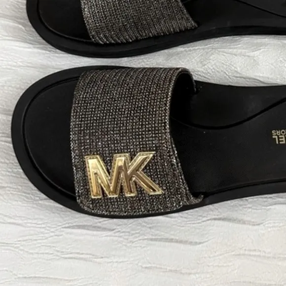 Michael Kors MK Slides Metallic Logo Velcro Adjustable Slip On Sandals Glitter