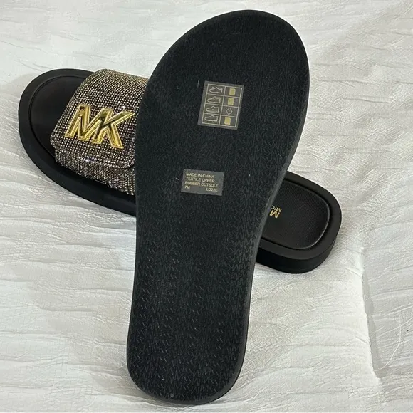 Michael Kors MK Slides Metallic Logo Velcro Adjustable Slip On Sandals Glitter