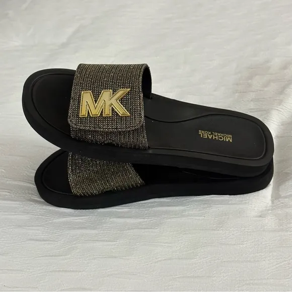 Michael Kors MK Slides Metallic Logo Velcro Adjustable Slip On Sandals Glitter