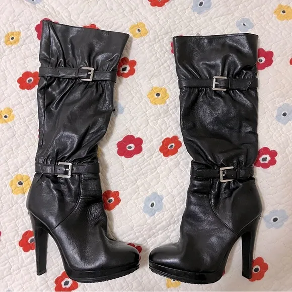 MICHEAL KORS WORN 1X Women’s Tall Black Leather Stiletto Silver Buckle Boots EUC