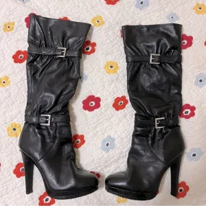 MICHEAL KORS WORN 1X Women’s Tall Black Leather Stiletto Silver Buckle Boots EUC