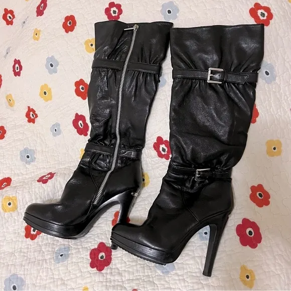 MICHEAL KORS WORN 1X Women’s Tall Black Leather Stiletto Silver Buckle Boots EUC