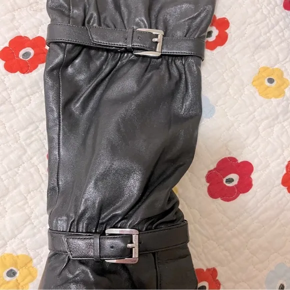 MICHEAL KORS WORN 1X Women’s Tall Black Leather Stiletto Silver Buckle Boots EUC