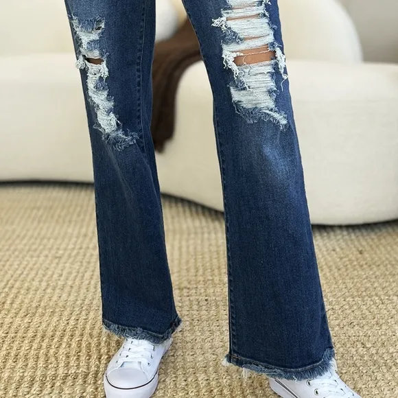 Mid-Rise Distressed Torn Mom Jeans Straight Leg Raw Hem Denim Pants Judy Blue