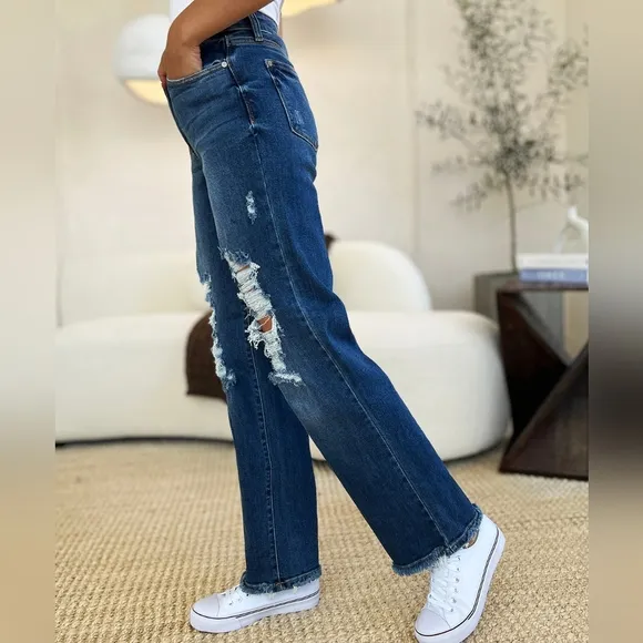 Mid-Rise Distressed Torn Mom Jeans Straight Leg Raw Hem Denim Pants Judy Blue