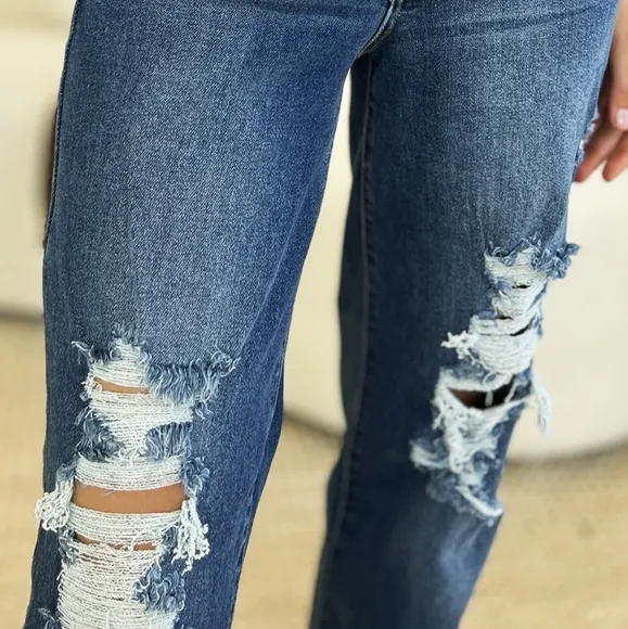 Mid-Rise Distressed Torn Mom Jeans Straight Leg Raw Hem Denim Pants Judy Blue
